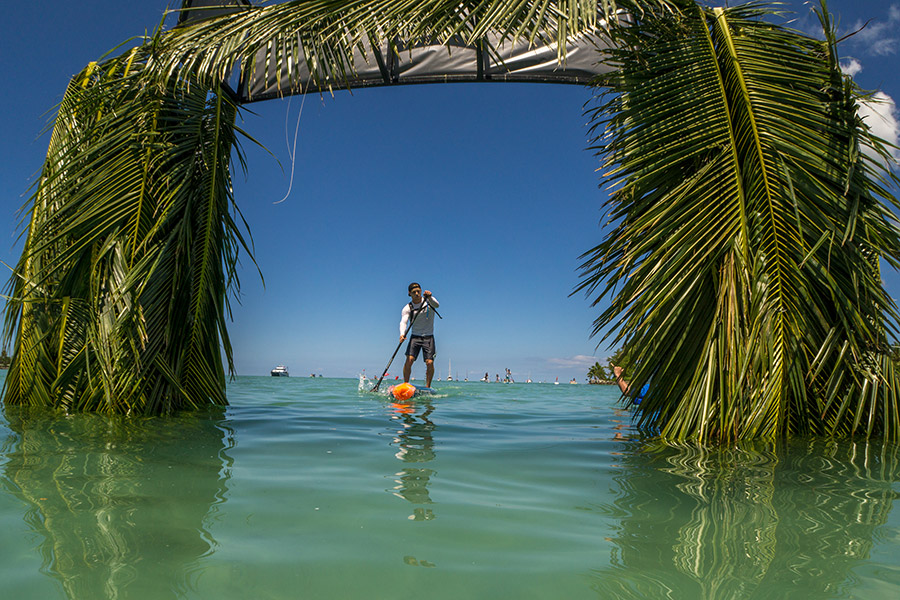 Michael Booth at the finish of the men’s SUP distance race at the 2016 ISA Worlds in Fiji