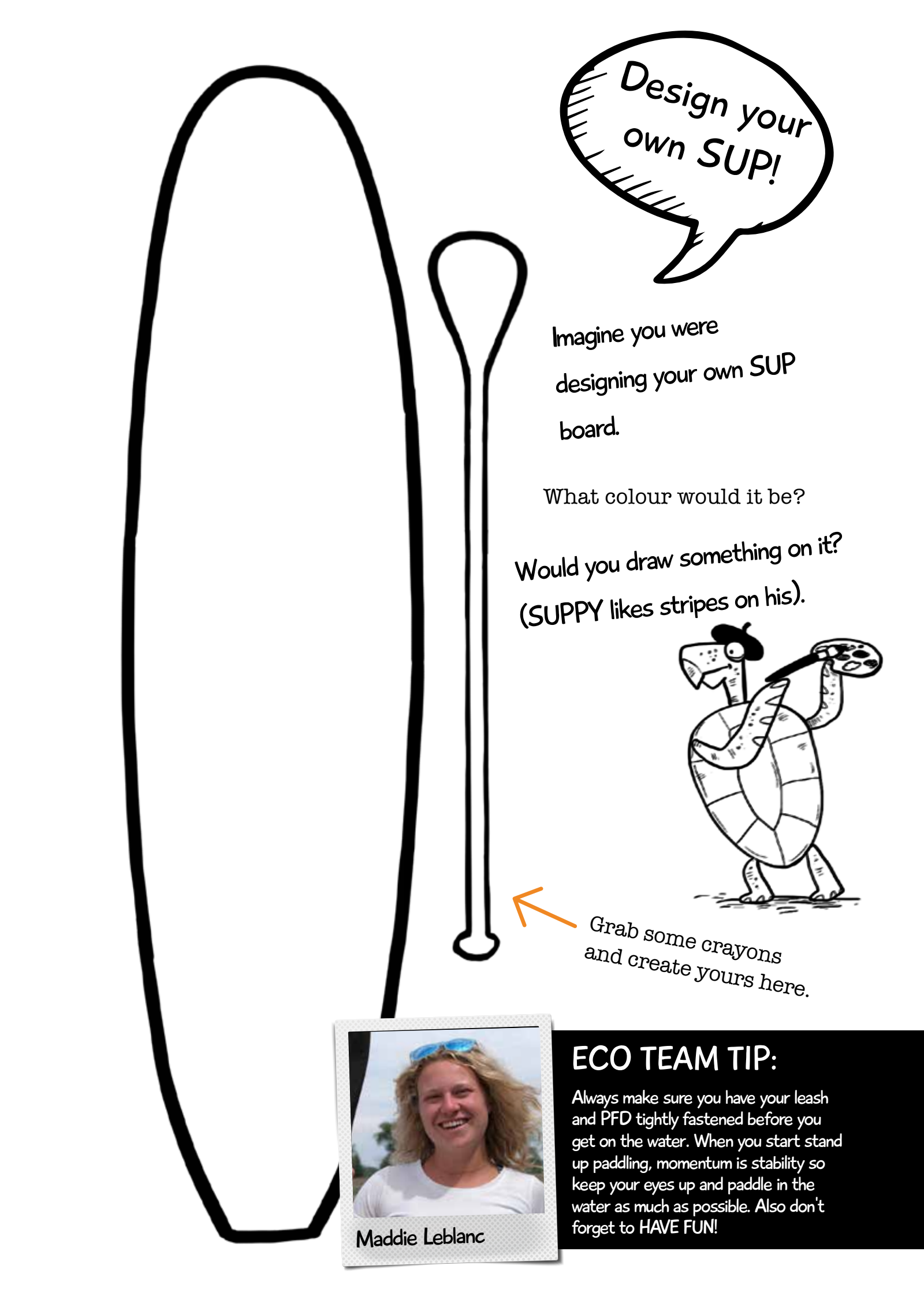 Original English workbook activity sheet for decorating a board and paddle with SUPPY, with English text