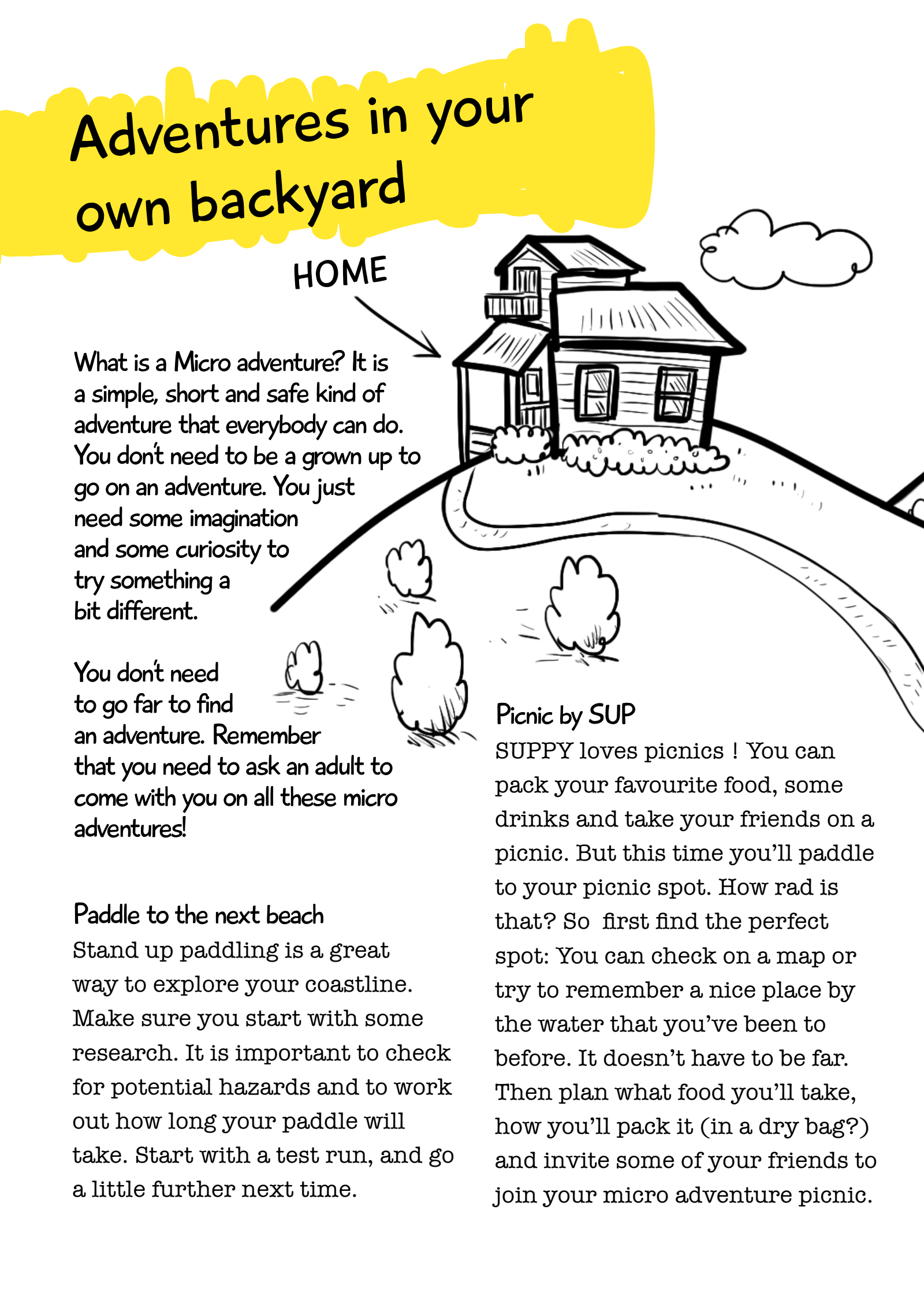 Original English workbook illustration of exploring waterways near home and planning a picnic by SUP, with English text