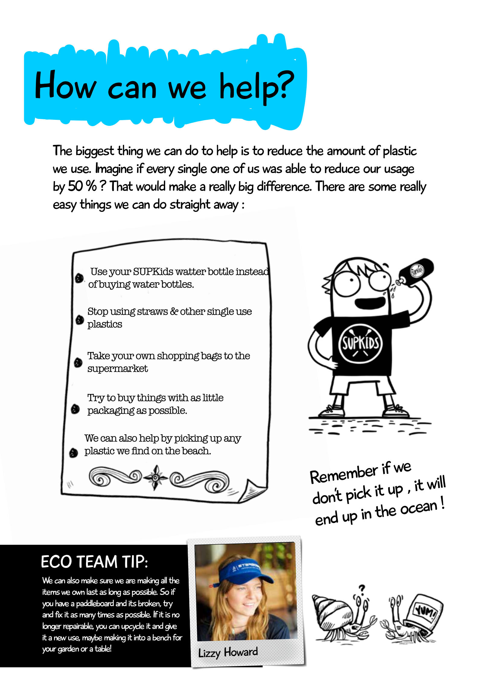 Original English workbook page about reusable bottles, using fewer single-use items, shopping bags, less packaging and picking up plastic, with English text