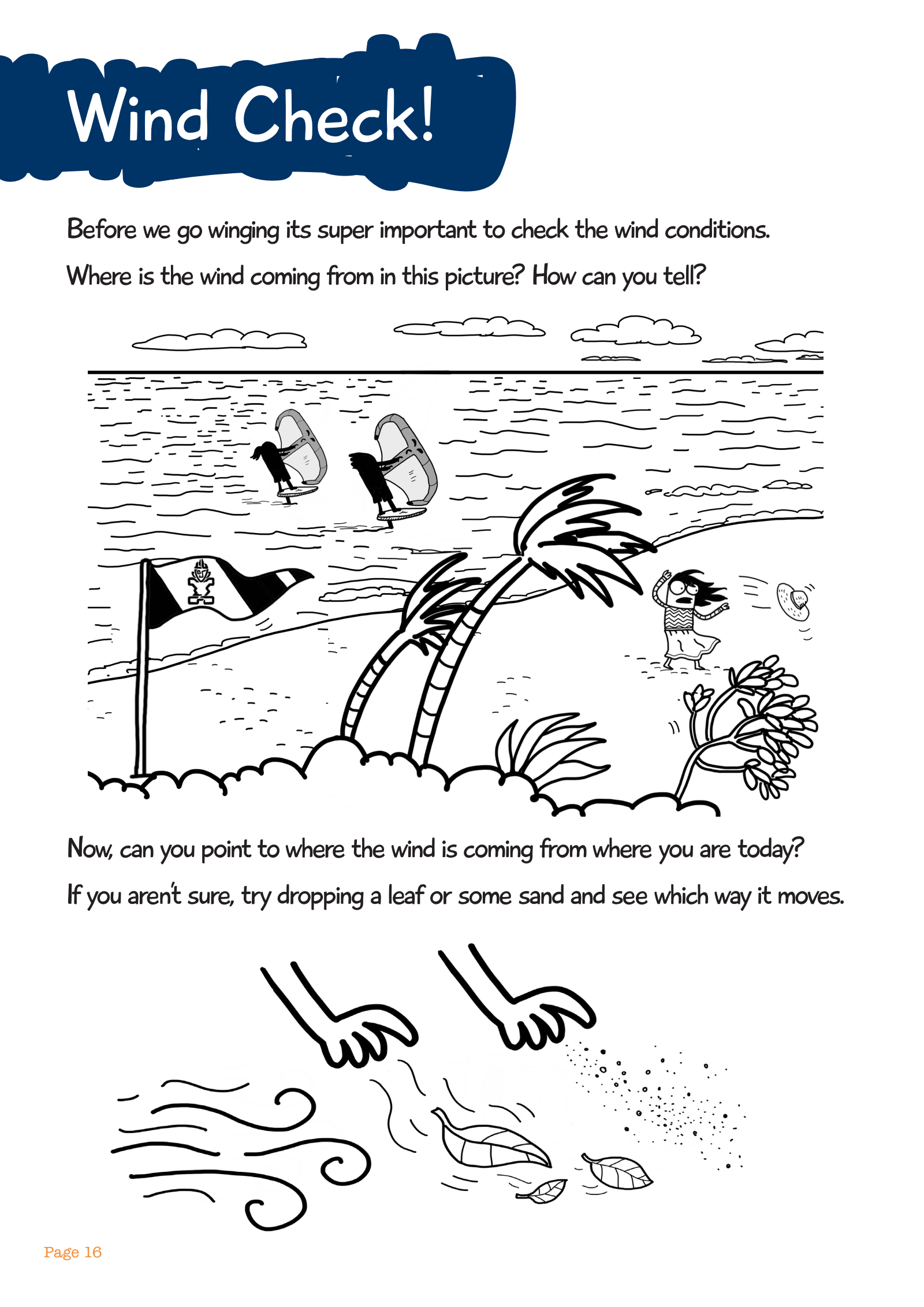 Original English workbook page: a beach scene with wingers on the water, a flag, bending palm trees and a hat blowing away, plus hands dropping leaves and sand into the wind, with English questions about where the wind is coming from.