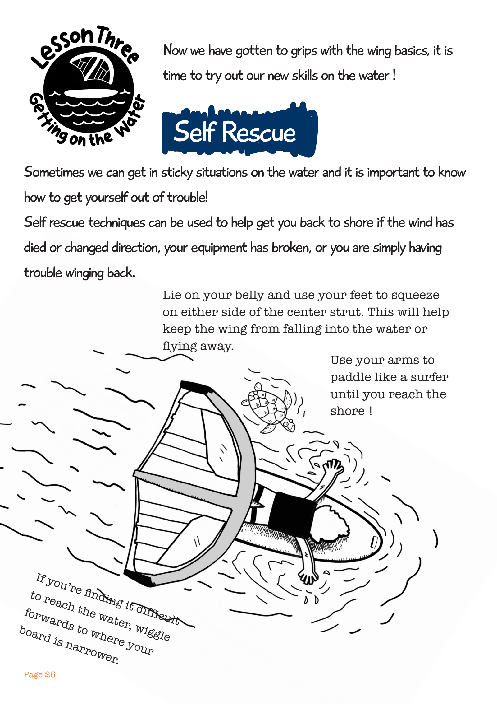 Original English workbook page with a Lesson Three badge: a rider lying on the board holding the wing's center strut with their feet and paddling with their arms, with English text about self rescue.