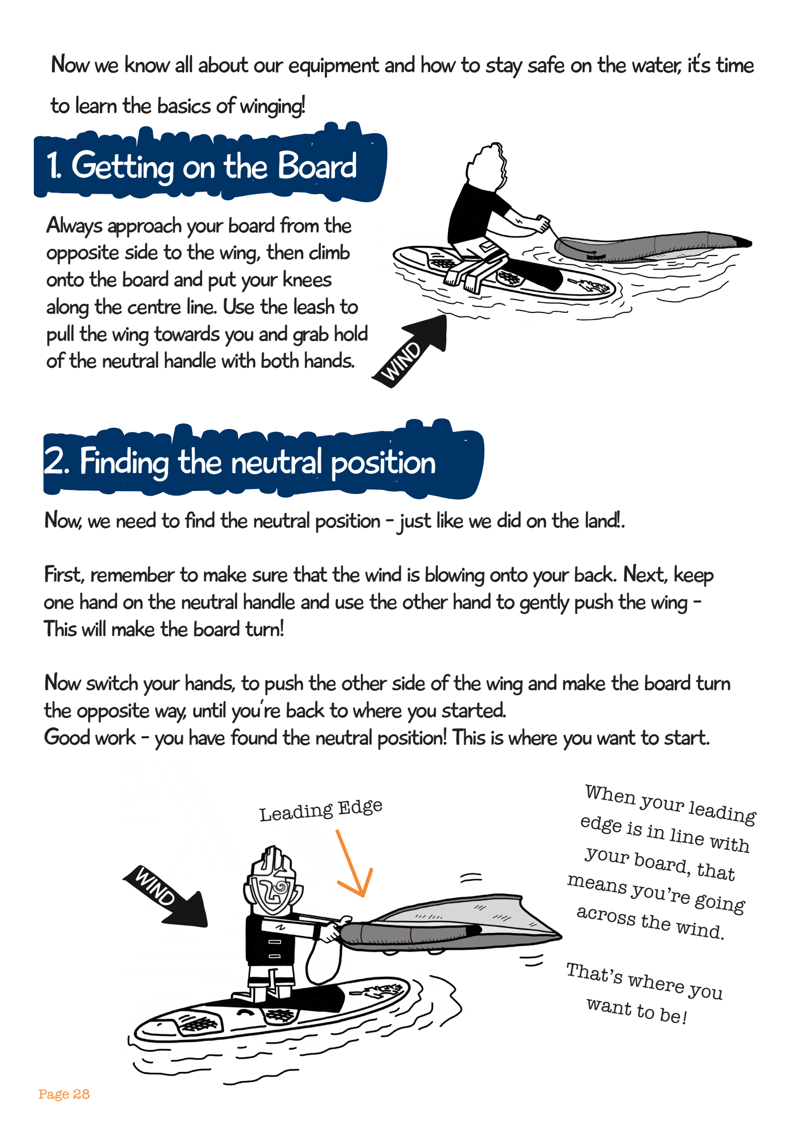 Original English workbook page: a rider kneeling on the board pulling the wing in by the leash, and TIKI holding the wing by the neutral handle with wind arrows, with English text about getting on the board and finding the neutral position.