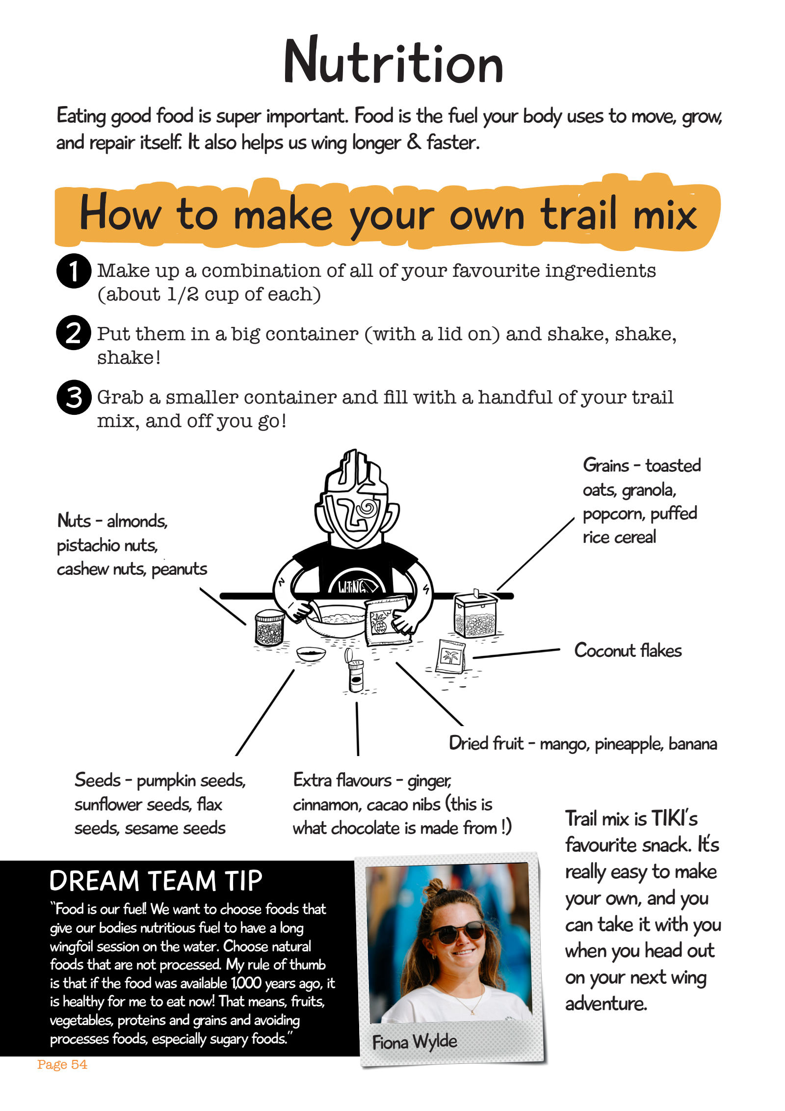 Original English workbook page: TIKI mixing trail mix at a table surrounded by labeled ingredients, with English text for three trail mix steps and a Dream Team tip from Fiona Wylde about food.