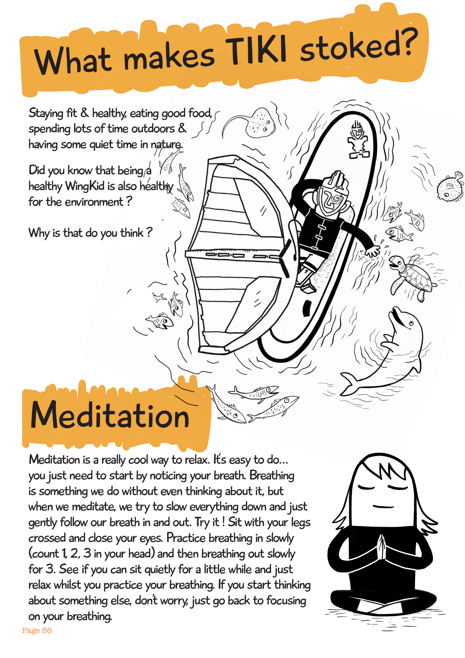 Original English workbook page: TIKI resting on a board among sea animals and a child meditating cross-legged, with English text about healthy habits and slow breathing.