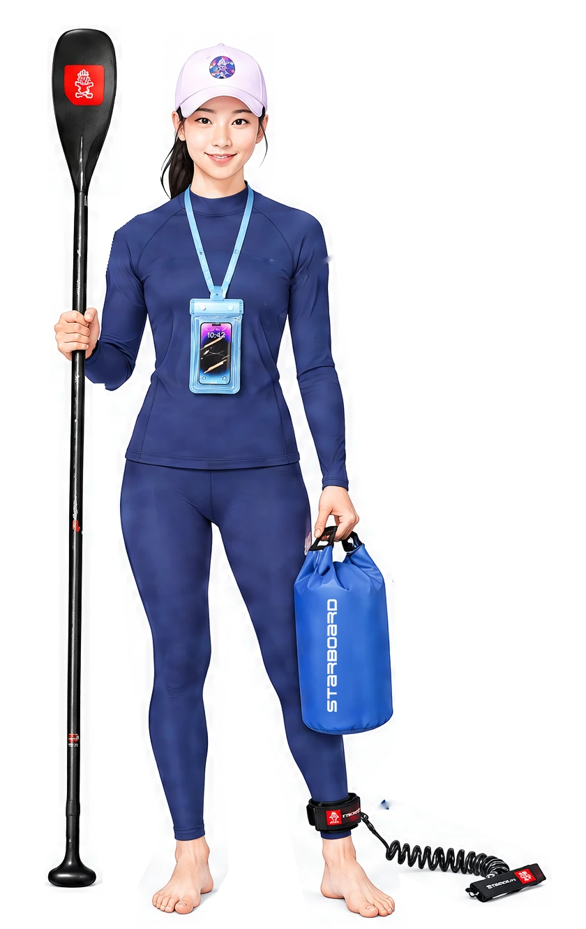 A female paddler in leggings holding a paddle and a dry bag