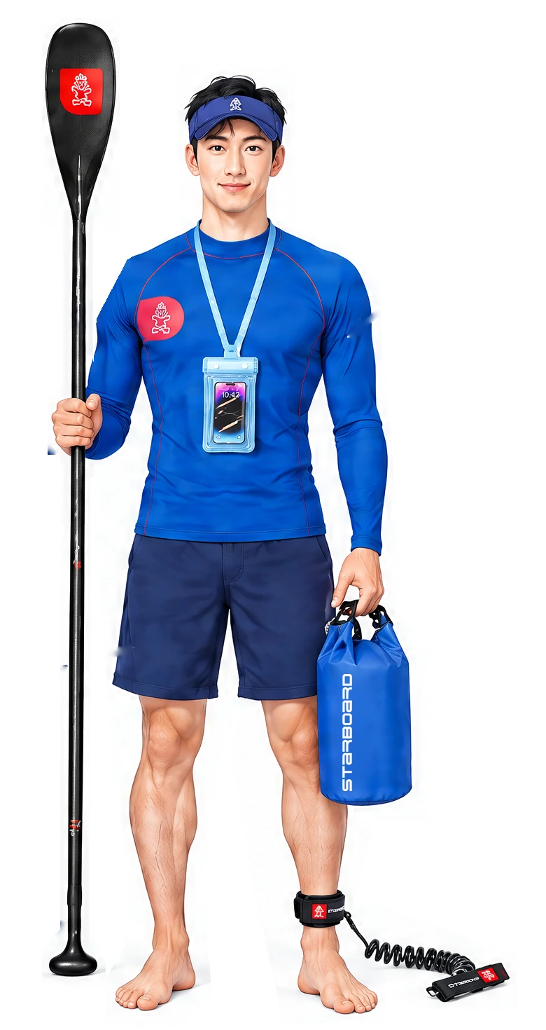 A male paddler in shorts holding a paddle and a dry bag