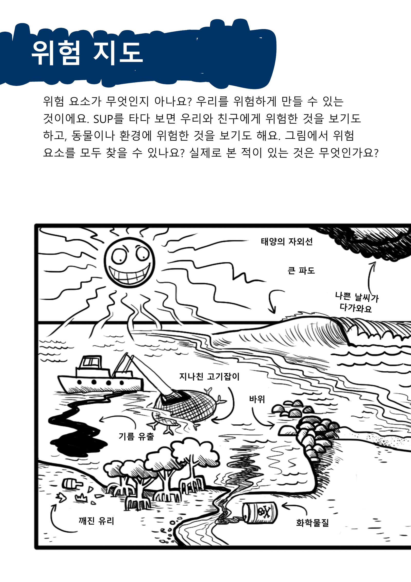 햇빛, 큰 파도, 나빠지는 날씨, 남획, 바위, 기름 유출, 깨진 유리와 화학물질을 찾는 원본 지도