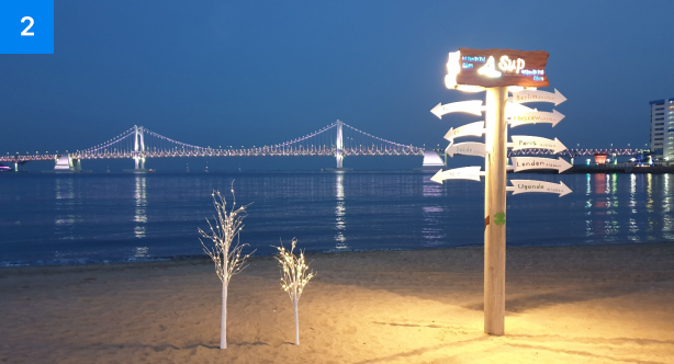 Gwangan Bridge at night and the SUP ZONE lucky tree photo zone
