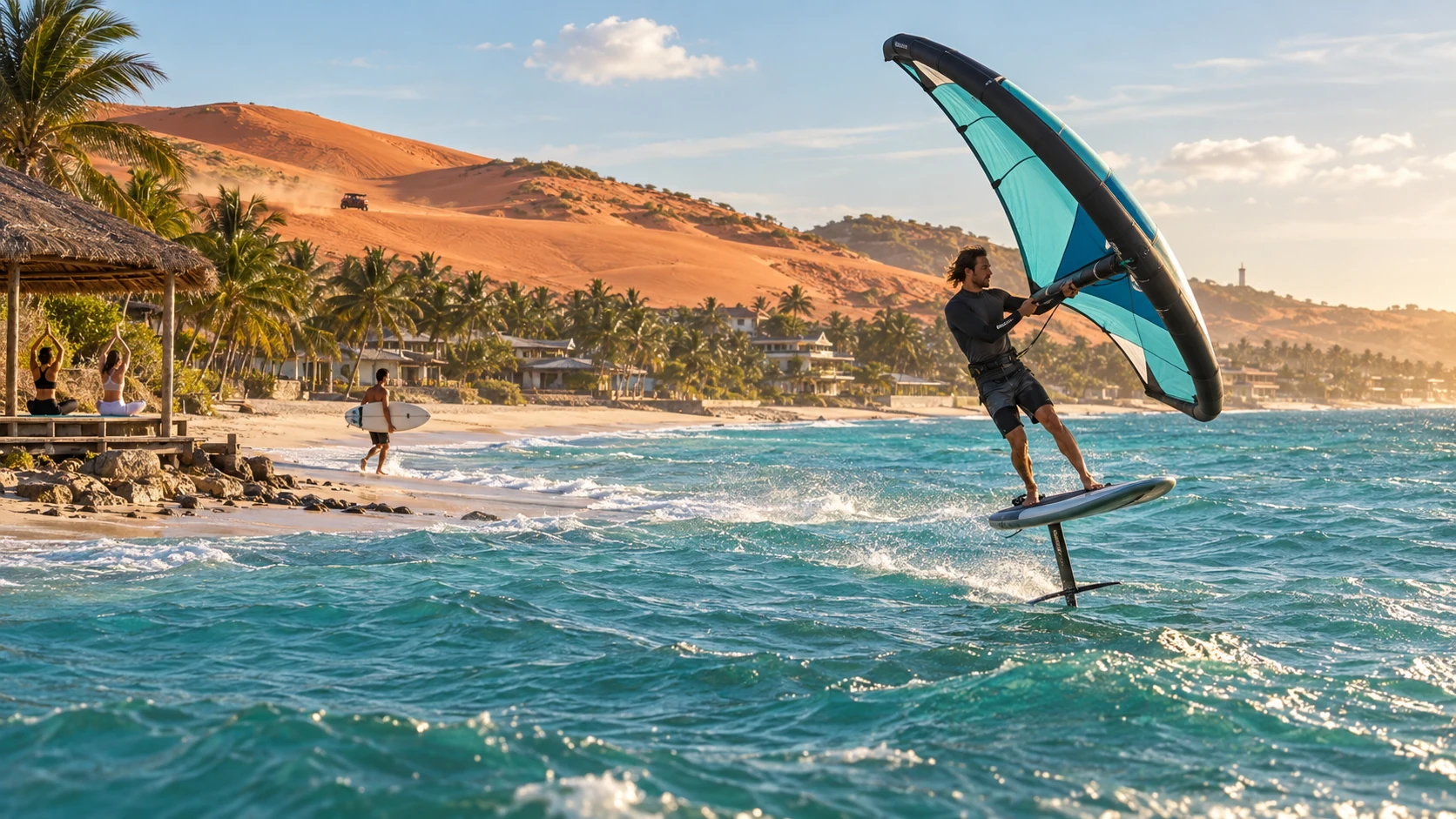 무이네 해안에서 윙포일을 중심으로 서핑, 해변 요가와 모래언덕 지프 체험이 이어지는 여행 장면